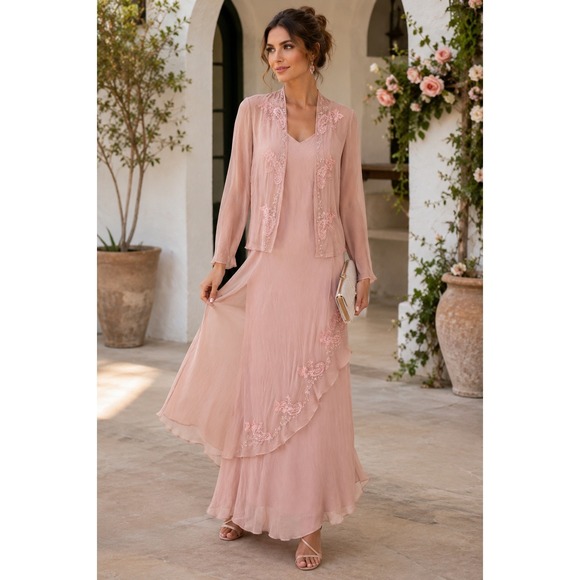 Scala Dresses & Skirts - Scala Vintage 100% Silk Pink Beaded Floral Maxi Dress & Jacket Set Womens S